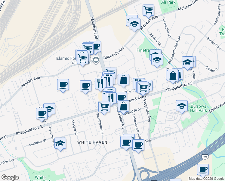 map of restaurants, bars, coffee shops, grocery stores, and more near 17 Verne Crescent in Toronto