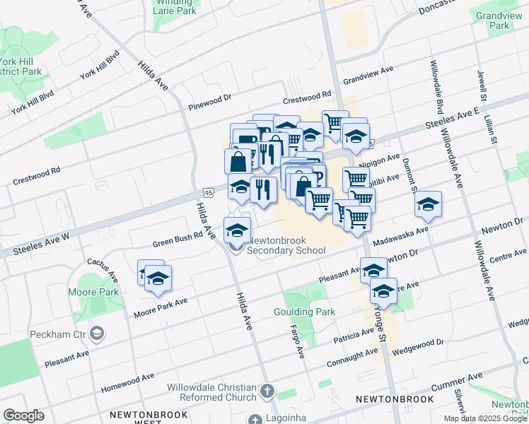 map of restaurants, bars, coffee shops, grocery stores, and more near 15 Tangreen Court in Toronto
