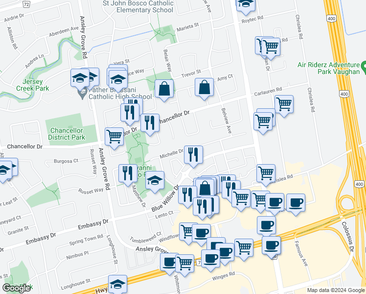 map of restaurants, bars, coffee shops, grocery stores, and more near 41 Michelle Drive in Vaughan