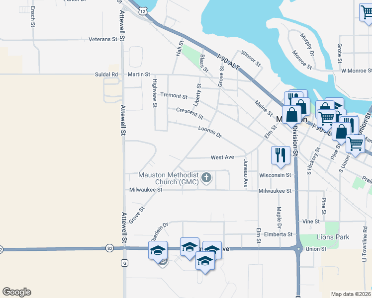 map of restaurants, bars, coffee shops, grocery stores, and more near 627 Grove Street in Mauston