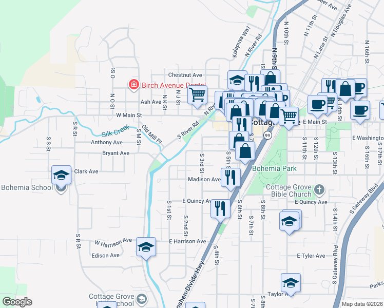 map of restaurants, bars, coffee shops, grocery stores, and more near 225 Adams Avenue in Cottage Grove