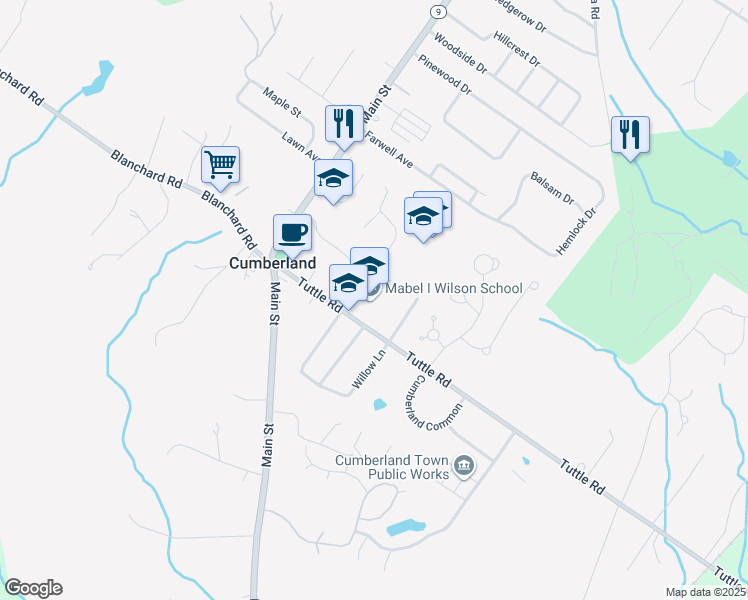 map of restaurants, bars, coffee shops, grocery stores, and more near 353 Tuttle Road in Cumberland