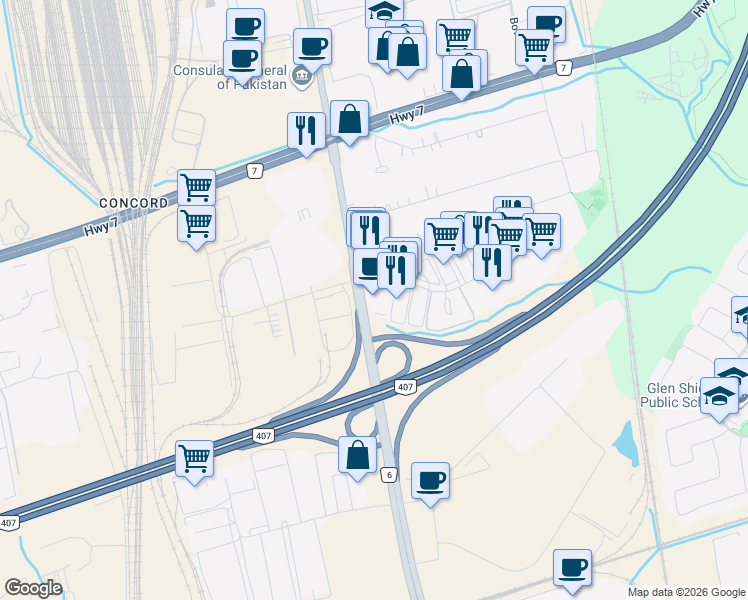map of restaurants, bars, coffee shops, grocery stores, and more near 7501 Keele Street in Vaughan