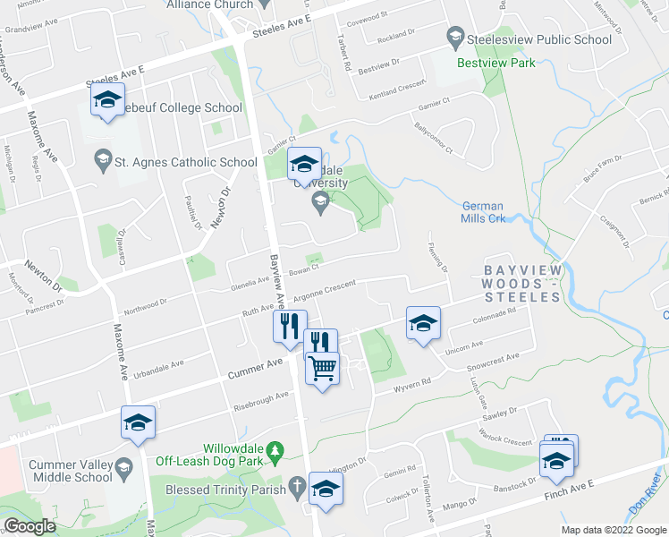 map of restaurants, bars, coffee shops, grocery stores, and more near 21 Bowan Court in Toronto