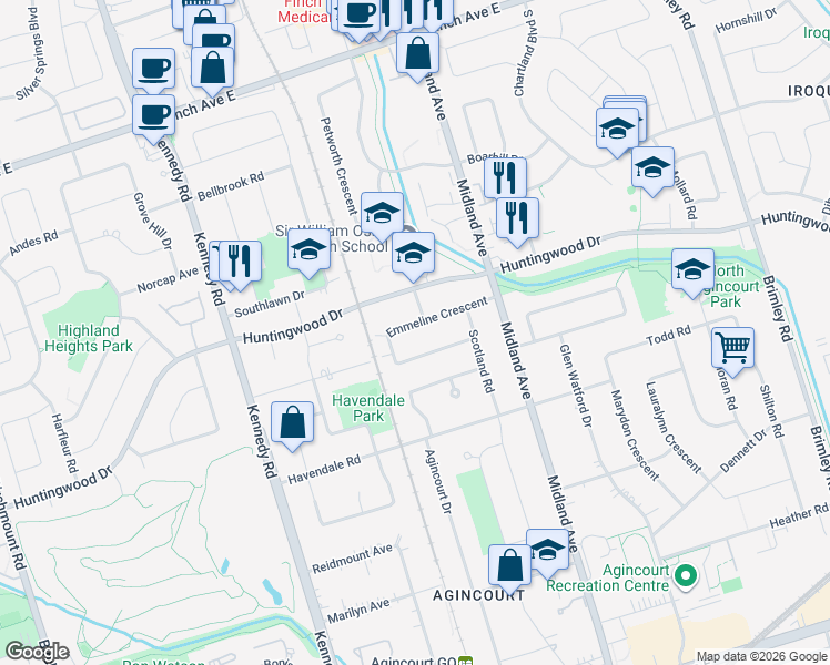 map of restaurants, bars, coffee shops, grocery stores, and more near 57 Emmeline Crescent in Toronto