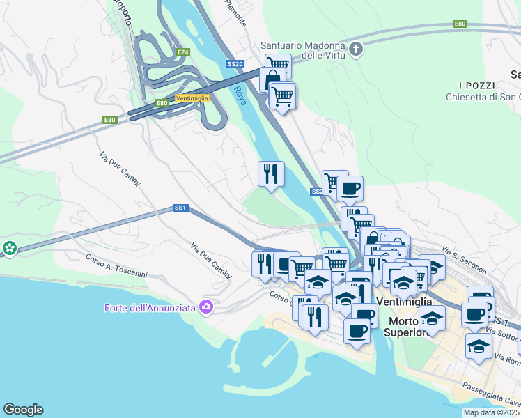 map of restaurants, bars, coffee shops, grocery stores, and more near 13 Via G. Freccero in Ventimiglia