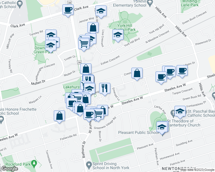 map of restaurants, bars, coffee shops, grocery stores, and more near 90 Townsgate Drive in Vaughan