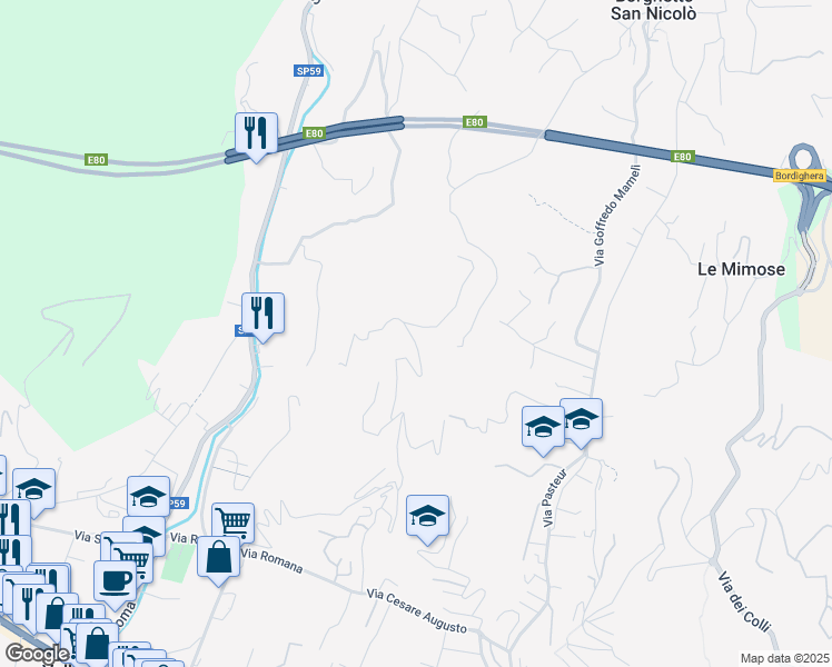 map of restaurants, bars, coffee shops, grocery stores, and more near 34 Via Conca Verde in Provincia di Imperia
