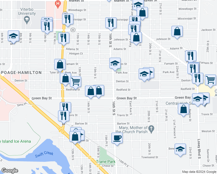 map of restaurants, bars, coffee shops, grocery stores, and more near 1479 Redfield Street in La Crosse