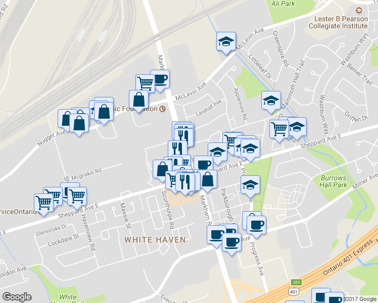 map of restaurants, bars, coffee shops, grocery stores, and more near 19 Verne Crescent in Toronto