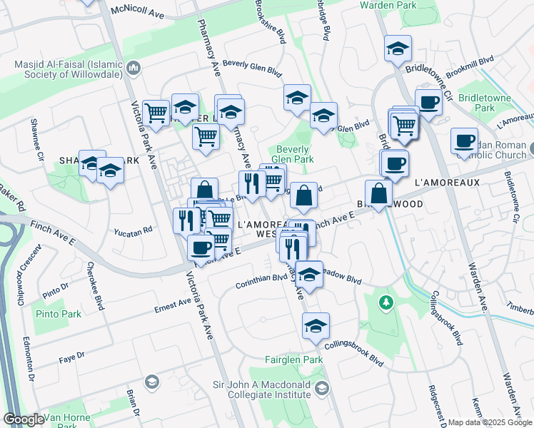 map of restaurants, bars, coffee shops, grocery stores, and more near in Toronto