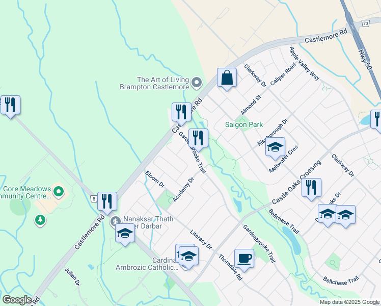map of restaurants, bars, coffee shops, grocery stores, and more near 180 Gardenbrooke Trail in Brampton