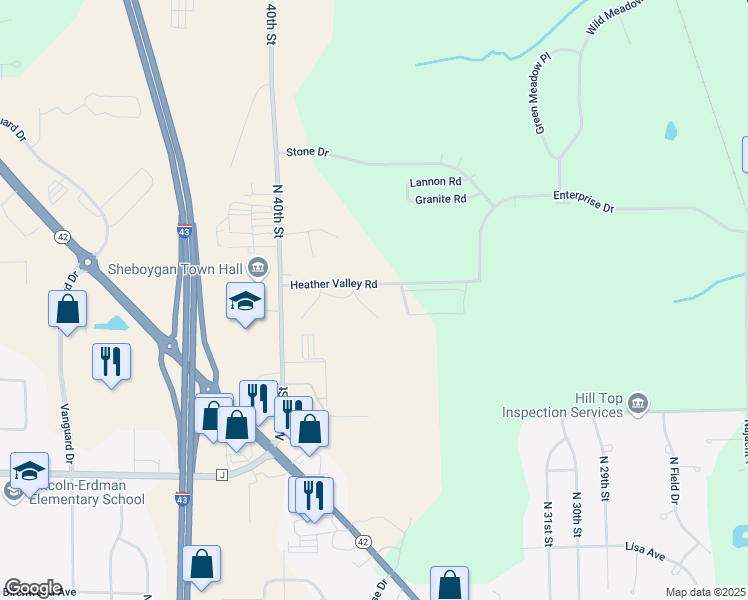 map of restaurants, bars, coffee shops, grocery stores, and more near 3809 Heather Valley Road in Sheboygan