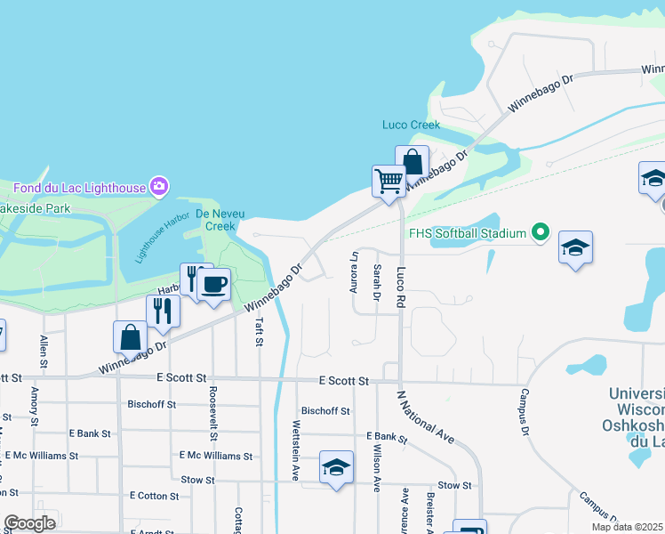 map of restaurants, bars, coffee shops, grocery stores, and more near 46 Winnebago Lane in Fond du Lac