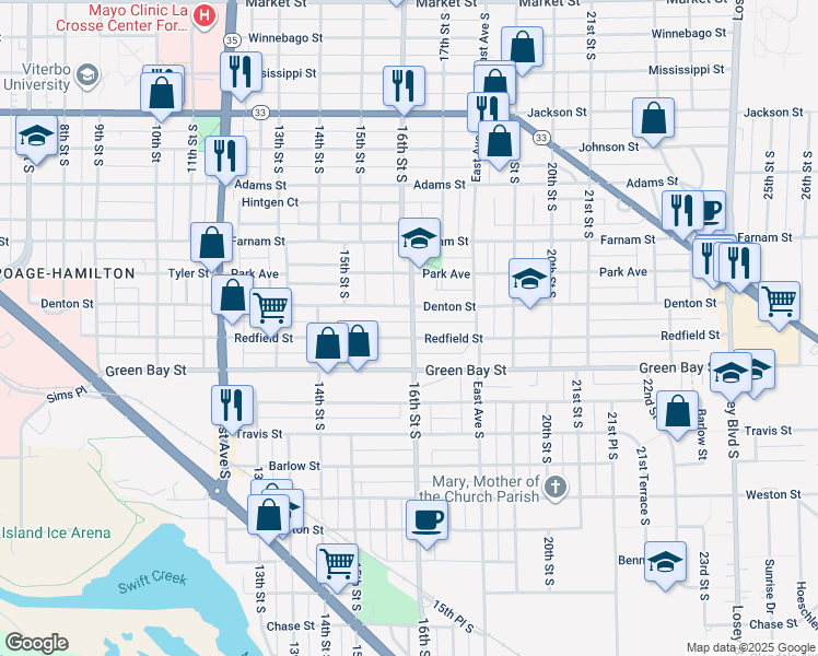 map of restaurants, bars, coffee shops, grocery stores, and more near 1479 Redfield Street in La Crosse