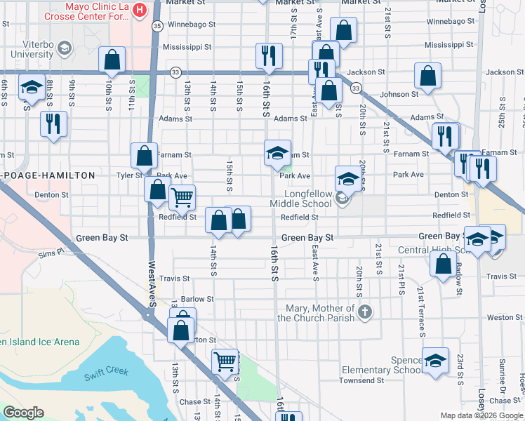 map of restaurants, bars, coffee shops, grocery stores, and more near 1479 Redfield Street in La Crosse