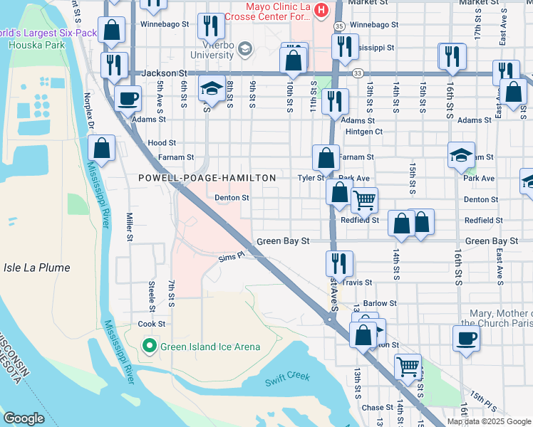 map of restaurants, bars, coffee shops, grocery stores, and more near 929 Redfield Street in La Crosse