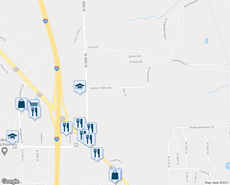 map of restaurants, bars, coffee shops, grocery stores, and more near 3809 Heather Valley Road in Sheboygan