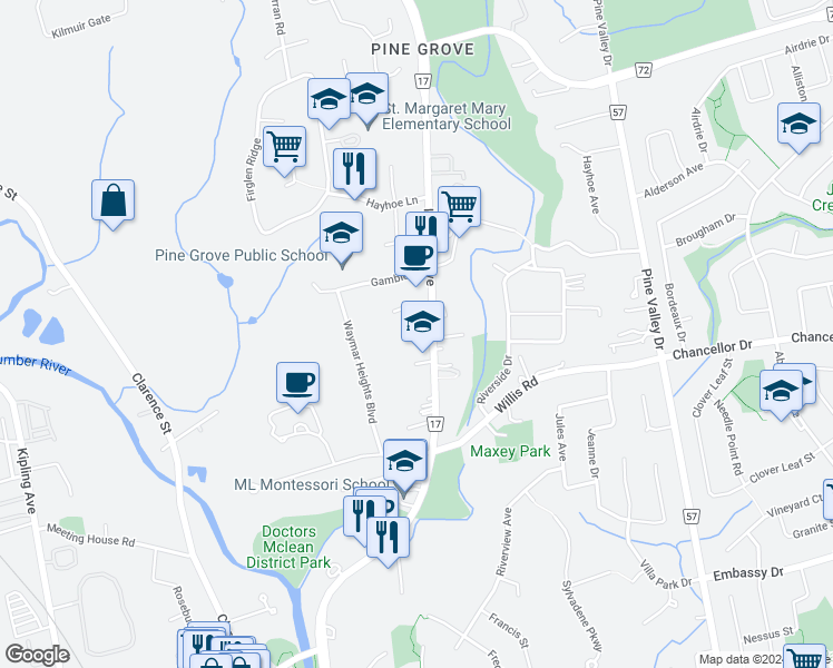 map of restaurants, bars, coffee shops, grocery stores, and more near 8302 York Regional Road 17 in Vaughan
