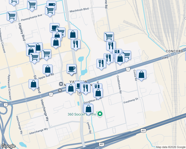 map of restaurants, bars, coffee shops, grocery stores, and more near in Vaughan