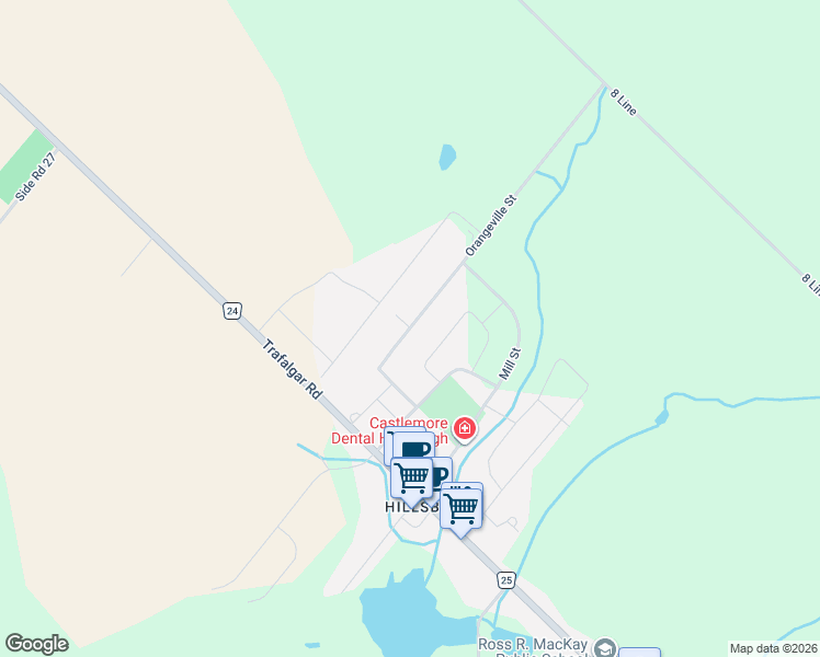 map of restaurants, bars, coffee shops, grocery stores, and more near 10 Orangeville Street in Erin