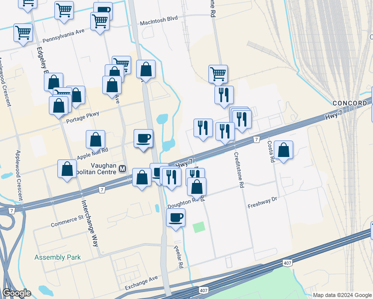 map of restaurants, bars, coffee shops, grocery stores, and more near 2920 Highway 7 in Vaughan