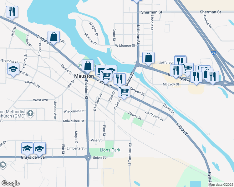 map of restaurants, bars, coffee shops, grocery stores, and more near 116 Pine Street in Mauston