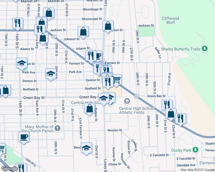 map of restaurants, bars, coffee shops, grocery stores, and more near 1527 Losey Boulevard South in La Crosse