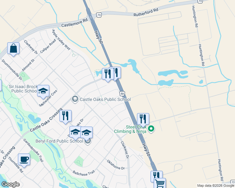 map of restaurants, bars, coffee shops, grocery stores, and more near 49 Lightcatcher Circle in Brampton