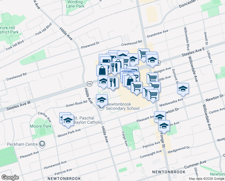 map of restaurants, bars, coffee shops, grocery stores, and more near 15 Tangreen Court in Toronto
