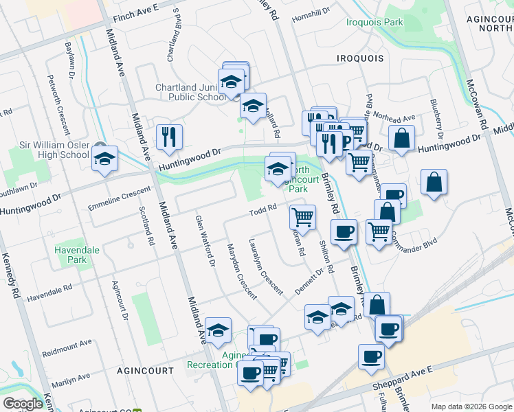 map of restaurants, bars, coffee shops, grocery stores, and more near 22 Todd Road in Toronto