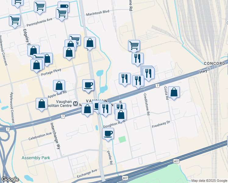 map of restaurants, bars, coffee shops, grocery stores, and more near 2930 Highway 7 in Vaughan