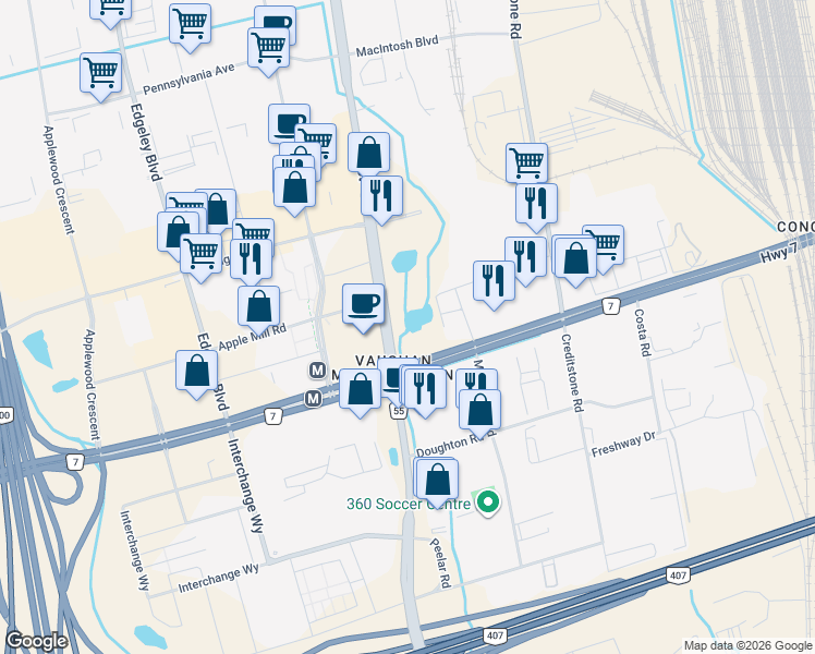 map of restaurants, bars, coffee shops, grocery stores, and more near 2986 7 in Vaughan