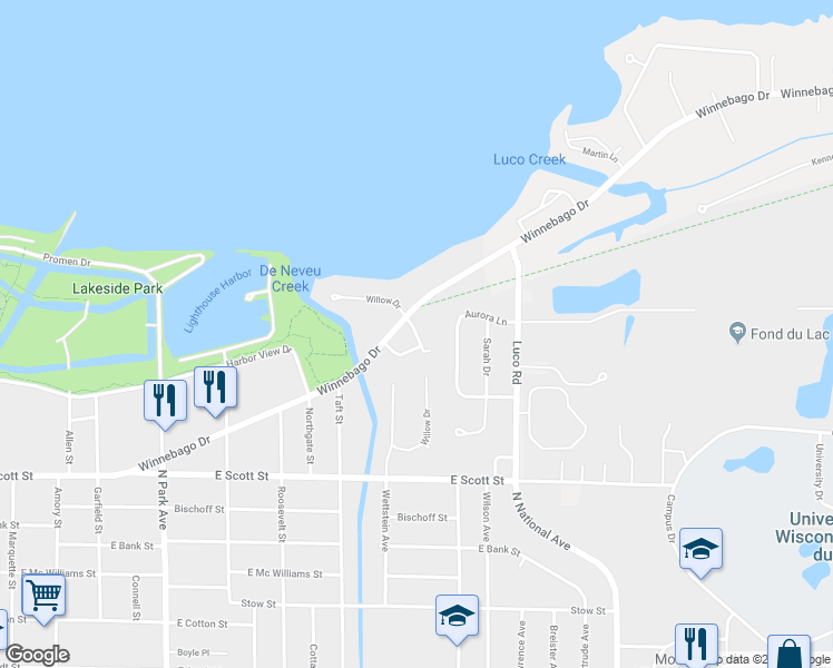 map of restaurants, bars, coffee shops, grocery stores, and more near 1 Winnebago Lane in Fond du Lac