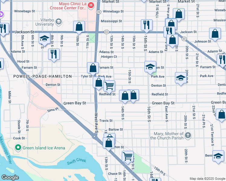 map of restaurants, bars, coffee shops, grocery stores, and more near 1515 13th St S in La Crosse