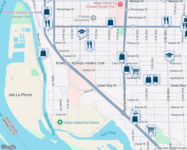 map of restaurants, bars, coffee shops, grocery stores, and more near 1618 9th Street South in La Crosse