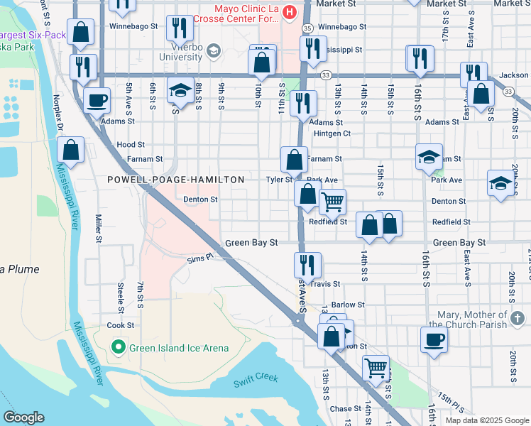 map of restaurants, bars, coffee shops, grocery stores, and more near 1617 10th Street in La Crosse