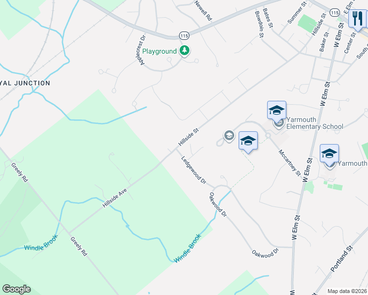 map of restaurants, bars, coffee shops, grocery stores, and more near 364 Hillside St in Yarmouth