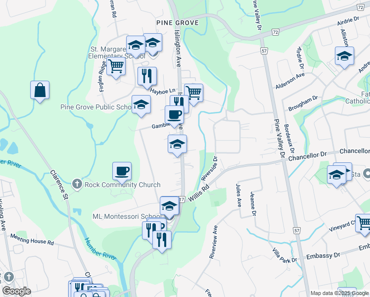 map of restaurants, bars, coffee shops, grocery stores, and more near 8307 Islington Avenue in Vaughan