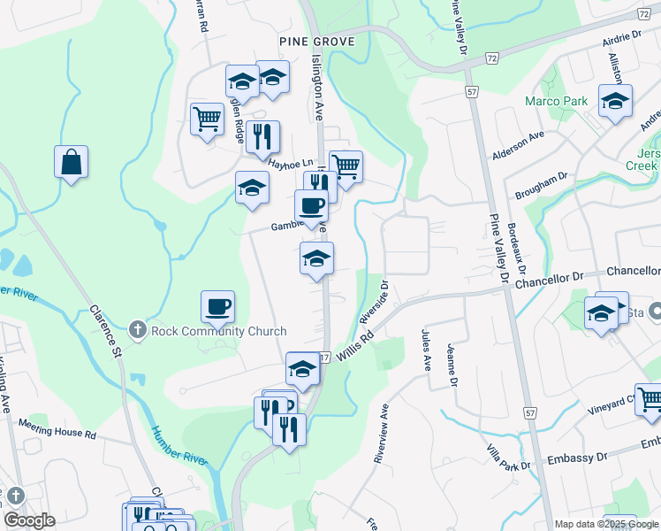 map of restaurants, bars, coffee shops, grocery stores, and more near 8307 Islington Avenue in Vaughan