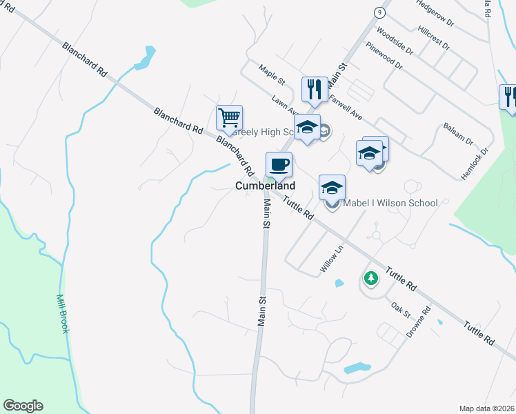 map of restaurants, bars, coffee shops, grocery stores, and more near 280 Main Street in Cumberland
