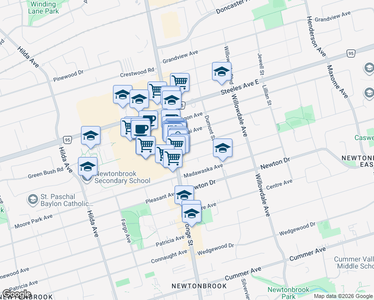 map of restaurants, bars, coffee shops, grocery stores, and more near 17 Athabaska Avenue in Toronto