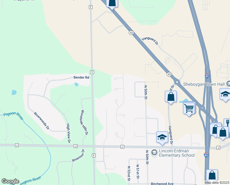 map of restaurants, bars, coffee shops, grocery stores, and more near 5327 Deer Trail Lane in Sheboygan