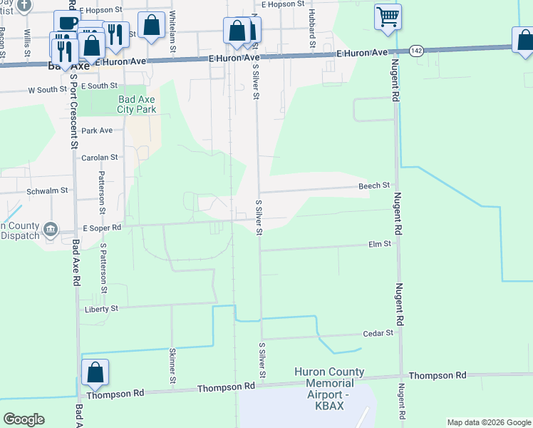 map of restaurants, bars, coffee shops, grocery stores, and more near 835 East Soper Road in Bad Axe