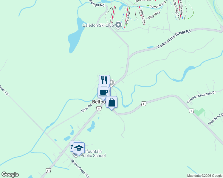 map of restaurants, bars, coffee shops, grocery stores, and more near 5 Credit Park Street in Belfountain