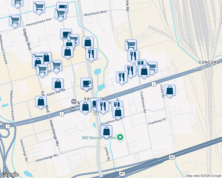 map of restaurants, bars, coffee shops, grocery stores, and more near 2920 Highway 7 in Vaughan