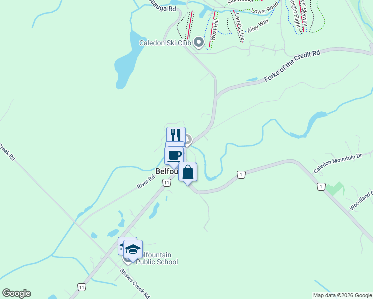 map of restaurants, bars, coffee shops, grocery stores, and more near 815 Forks of the Credit Road in Belfountain