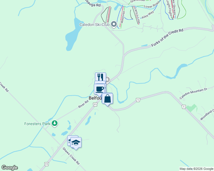 map of restaurants, bars, coffee shops, grocery stores, and more near 5 Credit Park Street in Belfountain