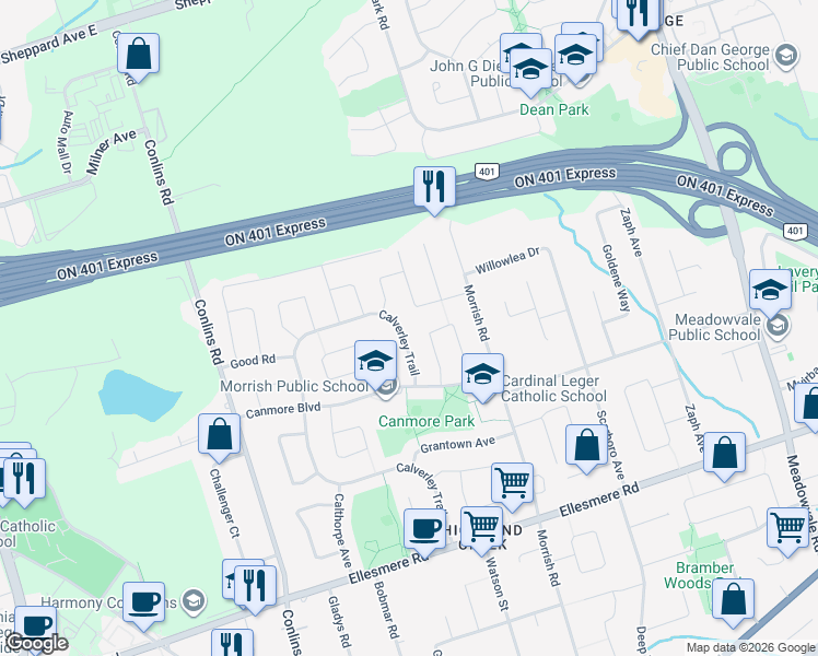 map of restaurants, bars, coffee shops, grocery stores, and more near 186 Calverley Trail in Toronto