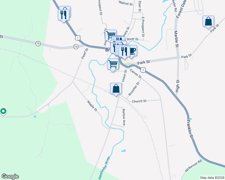 map of restaurants, bars, coffee shops, grocery stores, and more near 5 North Railroad Avenue in Brandon